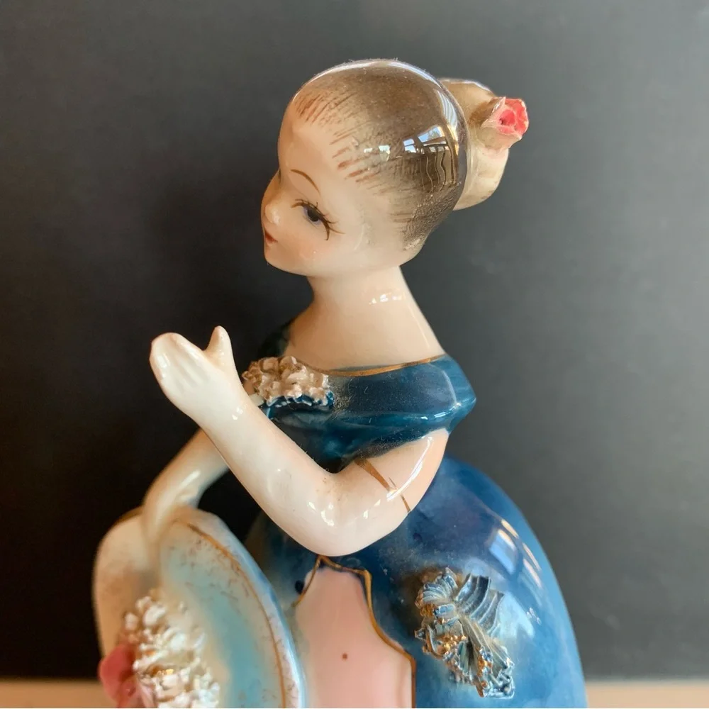 Vintage Porcelain Southern Bell Figurine, Blue & Pink Dress Flowers Matching Hat